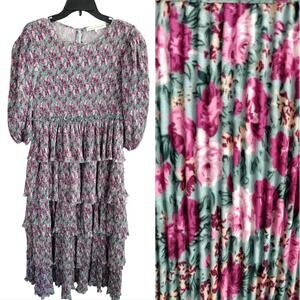 English Factory NEW Mint Green Pink Garden Floral Pleat Tiered Midi Dress Medium